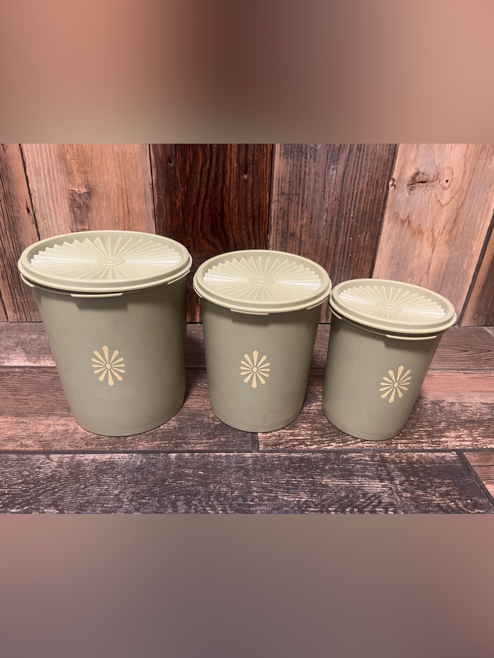 Tupperware Olive Green Canister Set with Cream Floral Motif - 3 Pieces